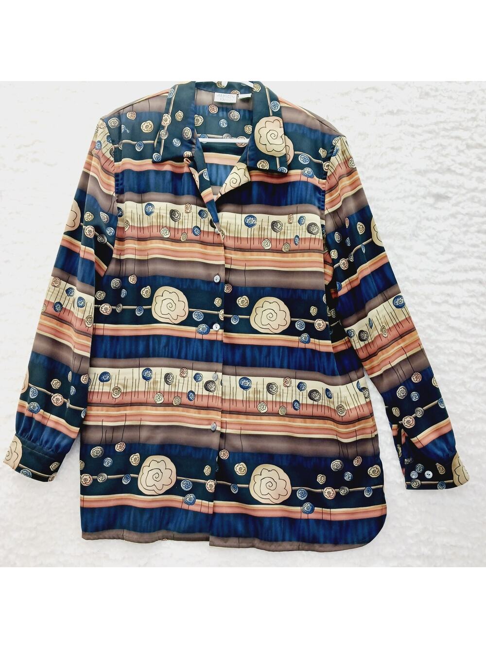 Blouse Button Up Abstract Stripe Brown Rust Whimsycore Boho Retro Chic Size 14